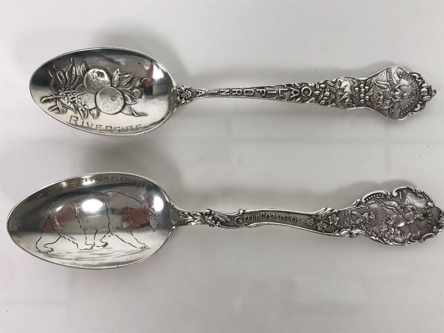 Pair Of Ornate Vintage Sterling Silver California Tourist Spoons From Riverside And San Bernardino (Sterling Weight: 42.8g, Silver Value: $33) [Photo 2]
