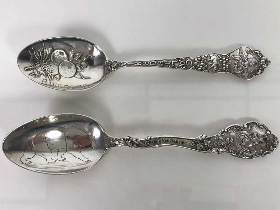 Pair Of Ornate Vintage Sterling Silver California Tourist Spoons From Riverside And San Bernardino (Sterling Weight: 42.8g, Silver Value: $33) [Photo 1]