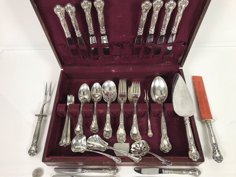 Sterling silver gorham flatware set with sterling serving pieces in