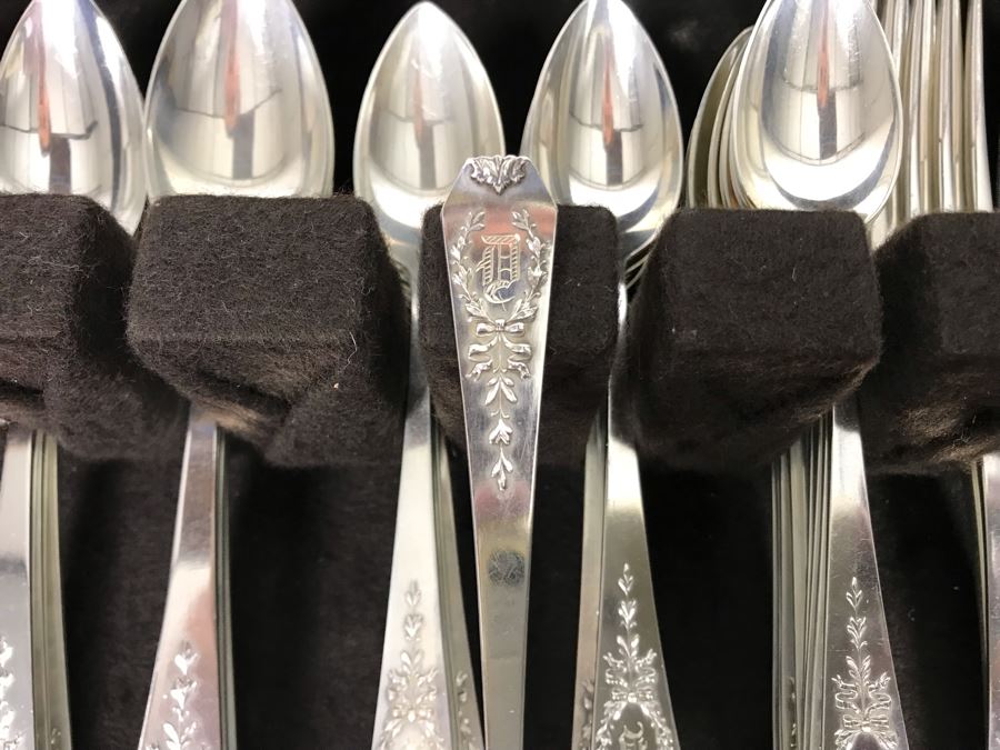 Antique Sterling Silver Flatware Set With Silverware Chest - Madam Jumel Pattern 1909 Patent By Whiting Manufacturing Co (Sterling Weight: 1,694g, Silver Value: $1,338) (Total Replacement Retail Value: $2,686) - See Listing For Details [Photo 5]