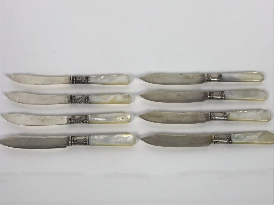 Set Of Eight Antique Sterling Silver And Mother Of Pearl Handled Knives [Photo 3]
