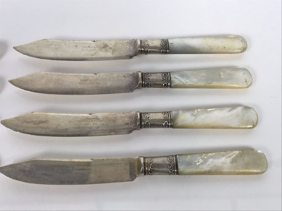 Set Of Eight Antique Sterling Silver And Mother Of Pearl Handled Knives [Photo 5]