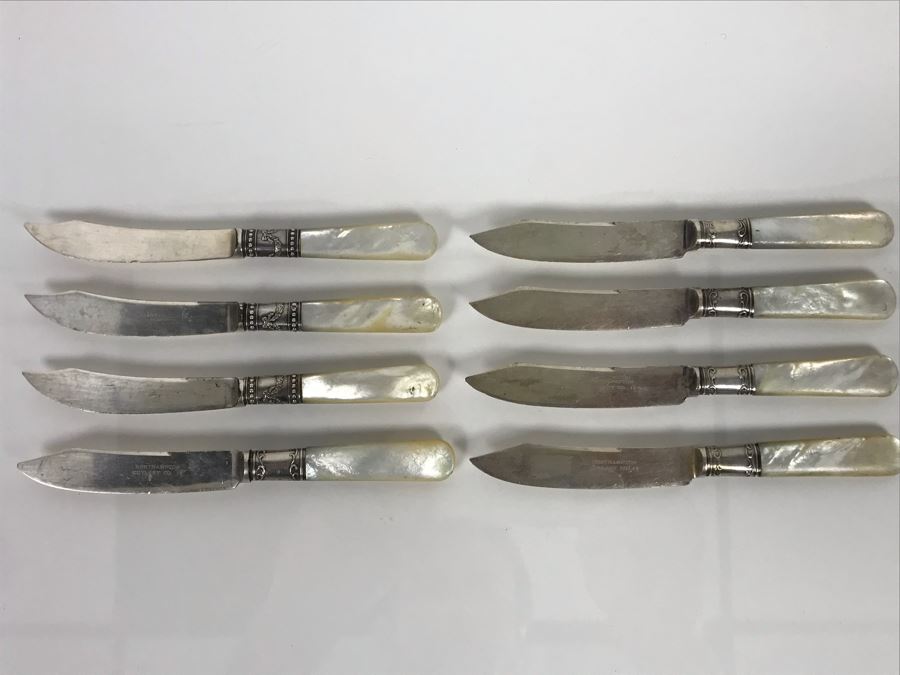 Set Of Eight Antique Sterling Silver And Mother Of Pearl Handled Knives