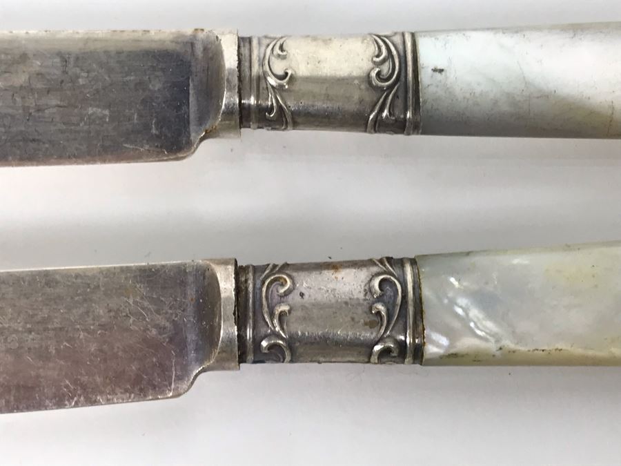 Set Of Eight Antique Sterling Silver And Mother Of Pearl Handled Knives [Photo 8]