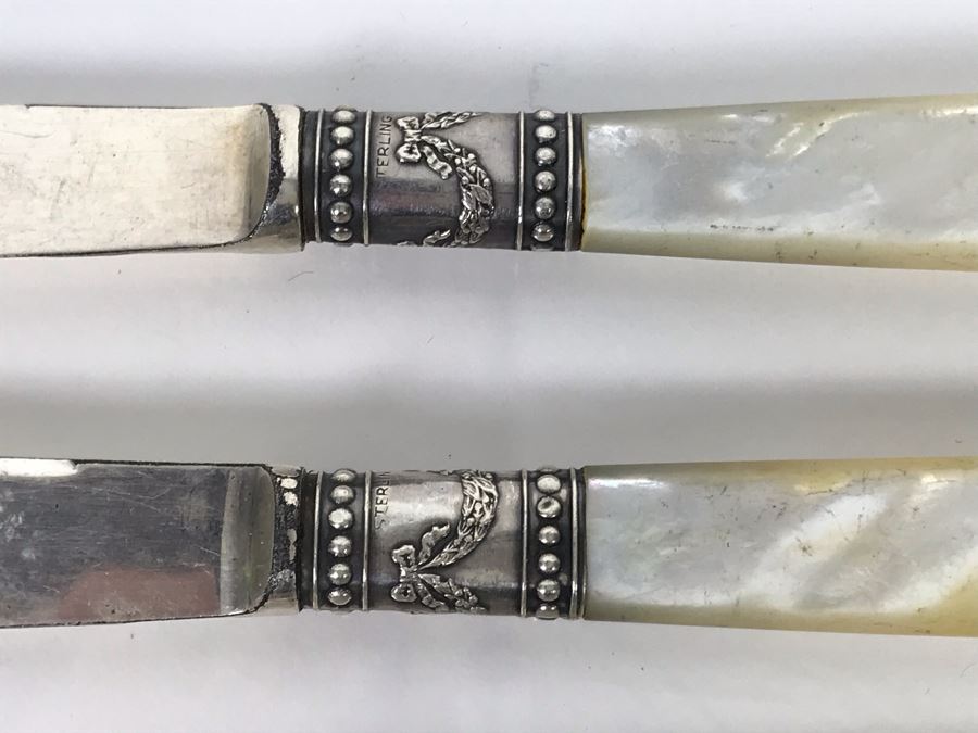 Set Of Eight Antique Sterling Silver And Mother Of Pearl Handled Knives [Photo 6]