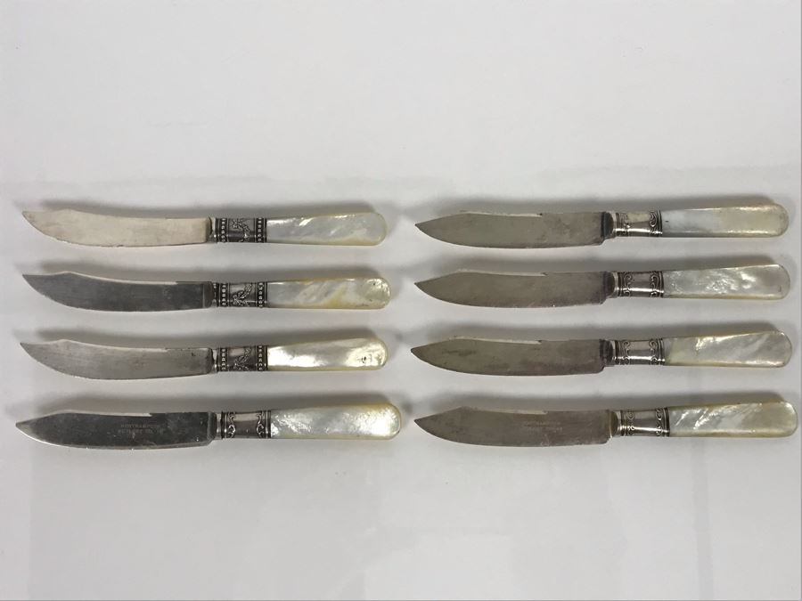 Set Of Eight Antique Sterling Silver And Mother Of Pearl Handled Knives [Photo 2]