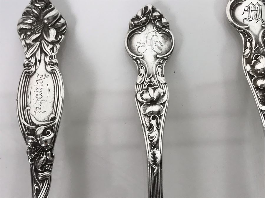 (7) Ornate Antique Art Nouveau Sterling Silver Spoons (Sterling Weight: 129g, Silver Value: $101) [Photo 12]