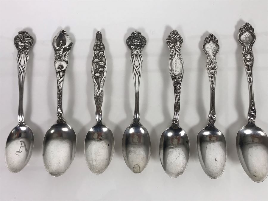 (7) Ornate Antique Art Nouveau Sterling Silver Spoons (Sterling Weight: 129g, Silver Value: $101)