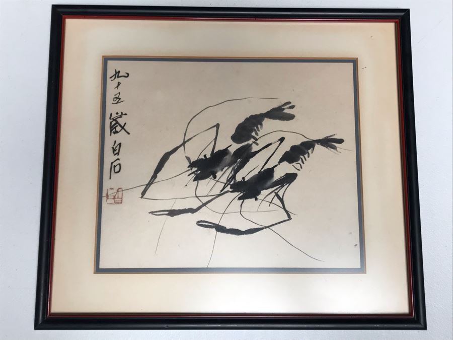 Framed Original Signed Chinese Ink Drawing Of Crawfish 10 X 8.5 (San Juan Capistrano Estate) [Photo 2]