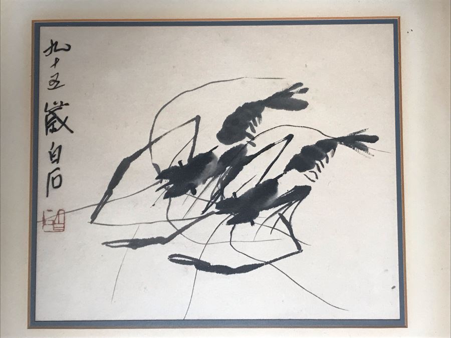 Framed Original Signed Chinese Ink Drawing Of Crawfish 10 X 8.5 (San Juan Capistrano Estate)