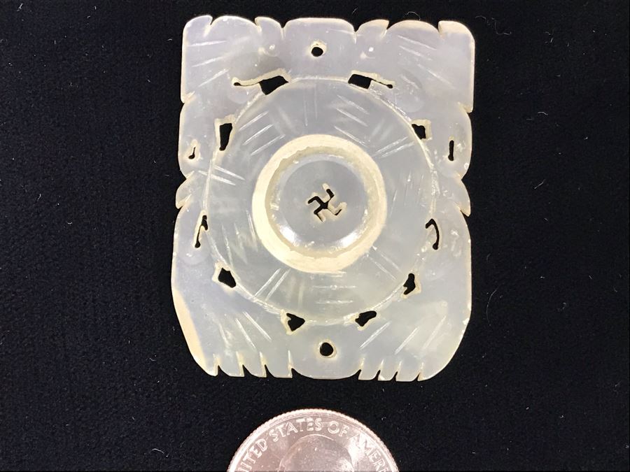Vintage Carved Jade Jadeite Pendant From Former Miss Texas (Disc In Middle Spins) 1.5 X 2 [Photo 2]