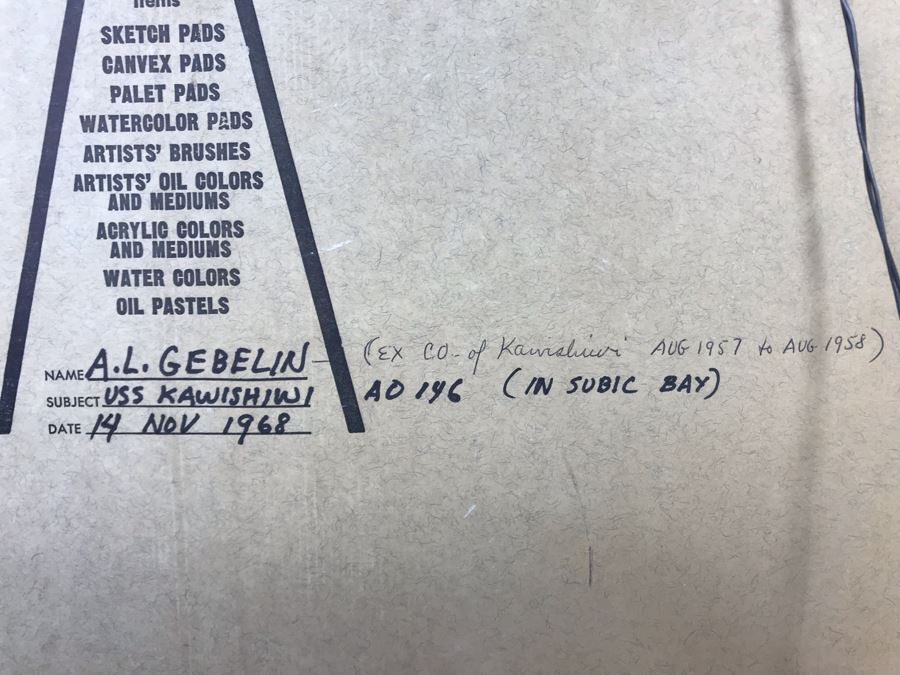 Framed Vintage 1968 Original Painting Of USS Kawishiwi AO 146 USN Oiler Ship By A.L. Gebelin Commanding Officer Of Kawishiwi From 1957-1958 16 X 20 (USN Captain Joseph J. Meyer Jr. Estate: USNE) [Photo 18]