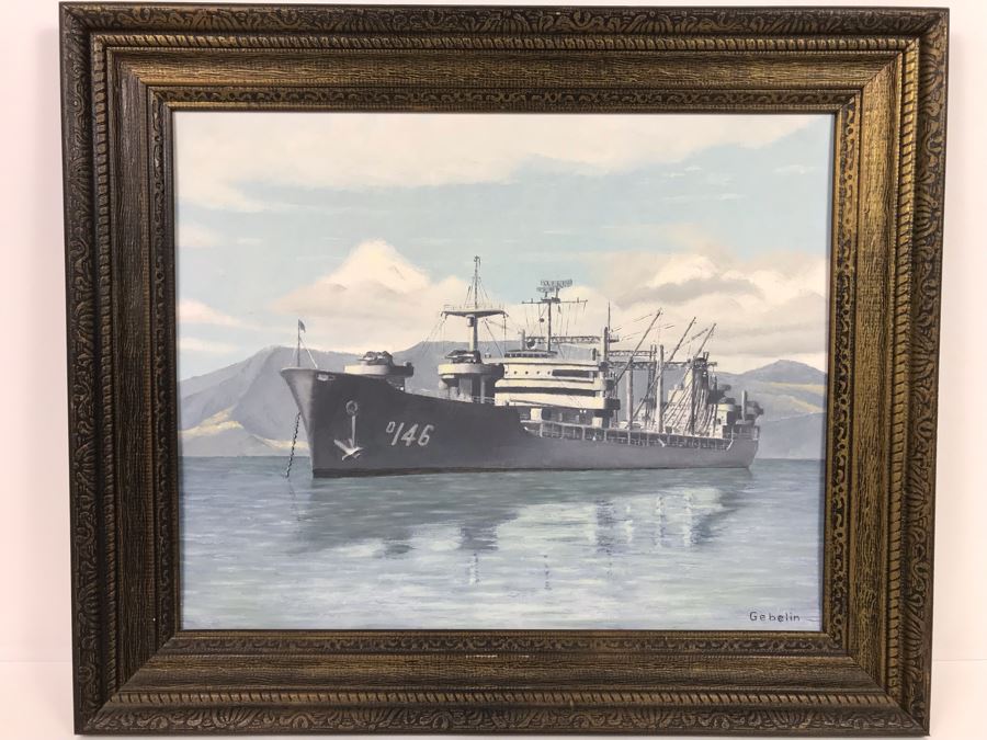 Framed Vintage 1968 Original Painting Of USS Kawishiwi AO 146 USN Oiler Ship By A.L. Gebelin Commanding Officer Of Kawishiwi From 1957-1958 16 X 20 (USN Captain Joseph J. Meyer Jr. Estate: USNE) [Photo 2]