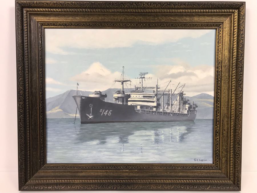 Framed Vintage 1968 Original Painting Of USS Kawishiwi AO 146 USN Oiler Ship By A.L. Gebelin Commanding Officer Of Kawishiwi From 1957-1958 16 X 20 (USN Captain Joseph J. Meyer Jr. Estate: USNE)
