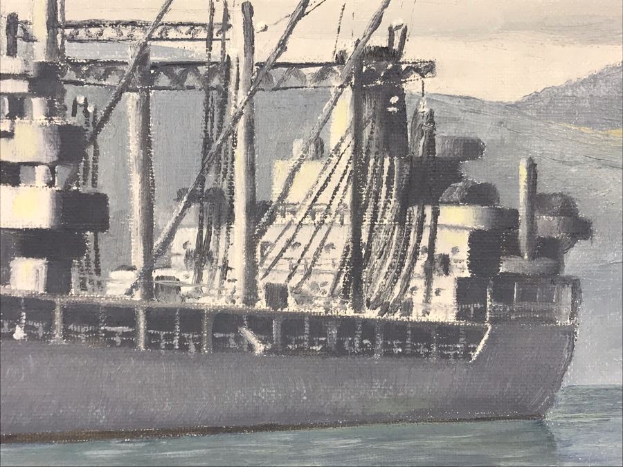 Framed Vintage 1968 Original Painting Of USS Kawishiwi AO 146 USN Oiler Ship By A.L. Gebelin Commanding Officer Of Kawishiwi From 1957-1958 16 X 20 (USN Captain Joseph J. Meyer Jr. Estate: USNE) [Photo 13]