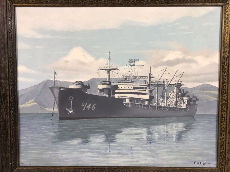 Framed Vintage 1968 Original Painting Of USS Kawishiwi AO 146 USN Oiler Ship By A.L. Gebelin Commanding Officer Of Kawishiwi From 1957-1958 16 X 20 (USN Captain Joseph J. Meyer Jr. Estate: USNE) [Photo 4]