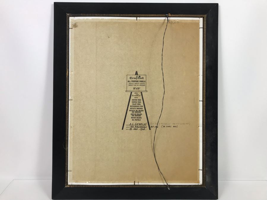 Framed Vintage 1968 Original Painting Of USS Kawishiwi AO 146 USN Oiler Ship By A.L. Gebelin Commanding Officer Of Kawishiwi From 1957-1958 16 X 20 (USN Captain Joseph J. Meyer Jr. Estate: USNE) [Photo 15]