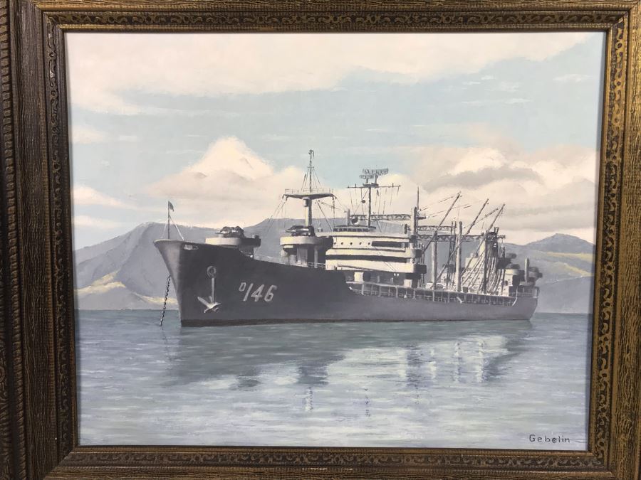 Framed Vintage 1968 Original Painting Of USS Kawishiwi AO 146 USN Oiler Ship By A.L. Gebelin Commanding Officer Of Kawishiwi From 1957-1958 16 X 20 (USN Captain Joseph J. Meyer Jr. Estate: USNE) [Photo 3]