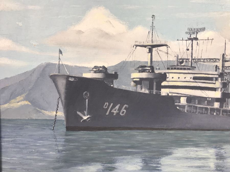 Framed Vintage 1968 Original Painting Of USS Kawishiwi AO 146 USN Oiler Ship By A.L. Gebelin Commanding Officer Of Kawishiwi From 1957-1958 16 X 20 (USN Captain Joseph J. Meyer Jr. Estate: USNE) [Photo 7]