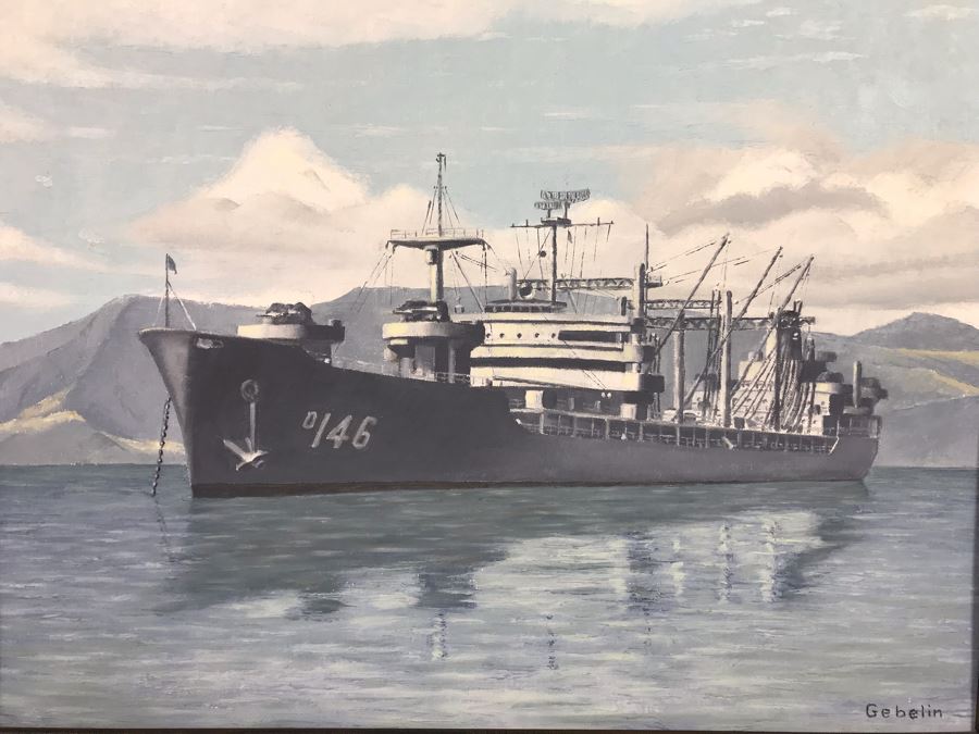 Framed Vintage 1968 Original Painting Of USS Kawishiwi AO 146 USN Oiler Ship By A.L. Gebelin Commanding Officer Of Kawishiwi From 1957-1958 16 X 20 (USN Captain Joseph J. Meyer Jr. Estate: USNE) [Photo 5]
