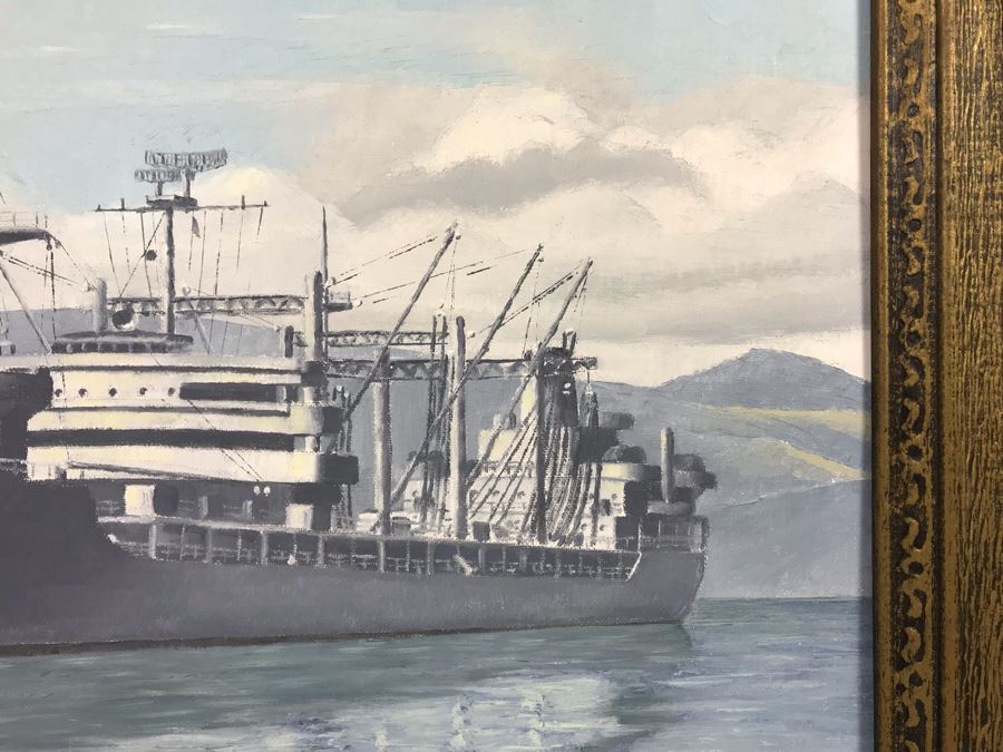 Framed Vintage 1968 Original Painting Of USS Kawishiwi AO 146 USN Oiler Ship By A.L. Gebelin Commanding Officer Of Kawishiwi From 1957-1958 16 X 20 (USN Captain Joseph J. Meyer Jr. Estate: USNE) [Photo 9]