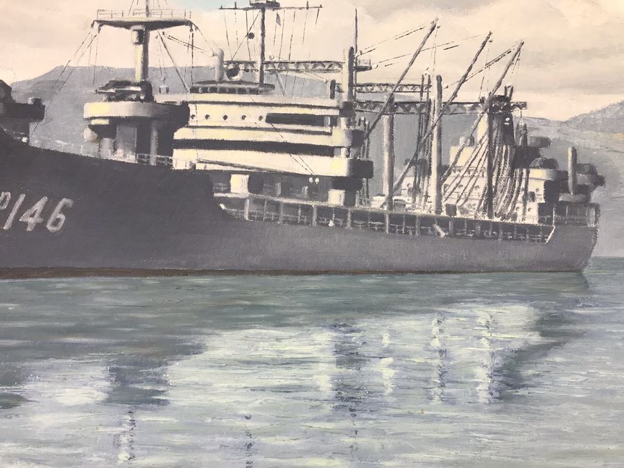 Framed Vintage 1968 Original Painting Of USS Kawishiwi AO 146 USN Oiler Ship By A.L. Gebelin Commanding Officer Of Kawishiwi From 1957-1958 16 X 20 (USN Captain Joseph J. Meyer Jr. Estate: USNE) [Photo 8]