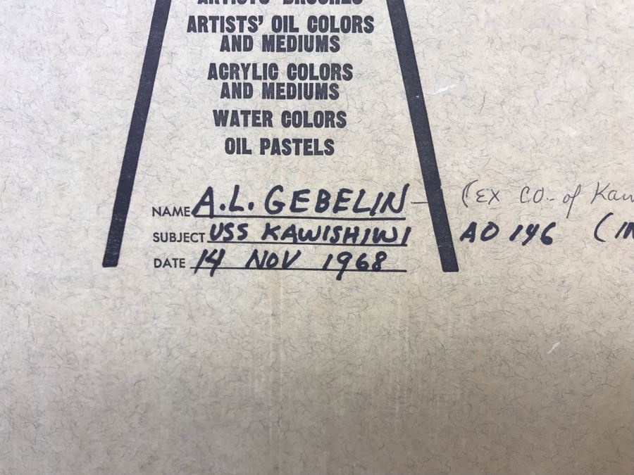 Framed Vintage 1968 Original Painting Of USS Kawishiwi AO 146 USN Oiler Ship By A.L. Gebelin Commanding Officer Of Kawishiwi From 1957-1958 16 X 20 (USN Captain Joseph J. Meyer Jr. Estate: USNE) [Photo 19]