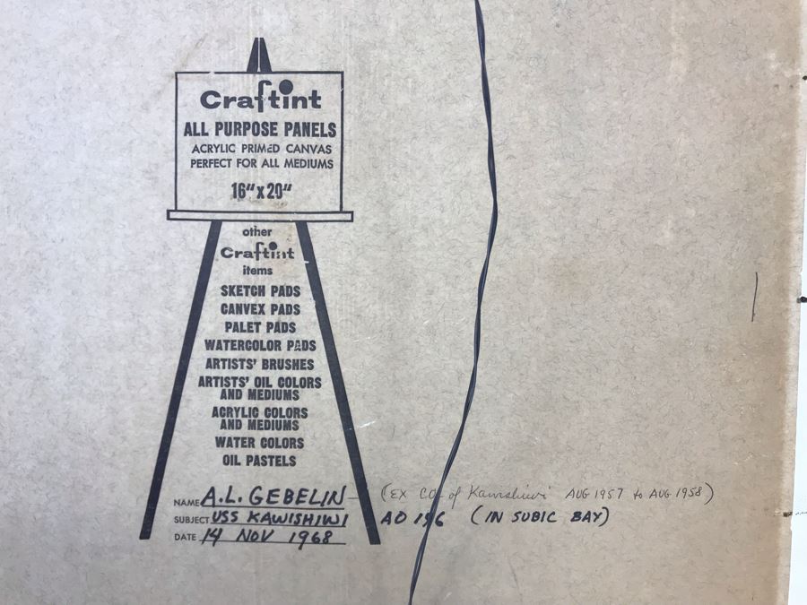 Framed Vintage 1968 Original Painting Of USS Kawishiwi AO 146 USN Oiler Ship By A.L. Gebelin Commanding Officer Of Kawishiwi From 1957-1958 16 X 20 (USN Captain Joseph J. Meyer Jr. Estate: USNE) [Photo 17]