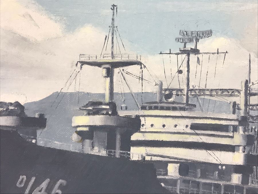 Framed Vintage 1968 Original Painting Of USS Kawishiwi AO 146 USN Oiler Ship By A.L. Gebelin Commanding Officer Of Kawishiwi From 1957-1958 16 X 20 (USN Captain Joseph J. Meyer Jr. Estate: USNE) [Photo 11]