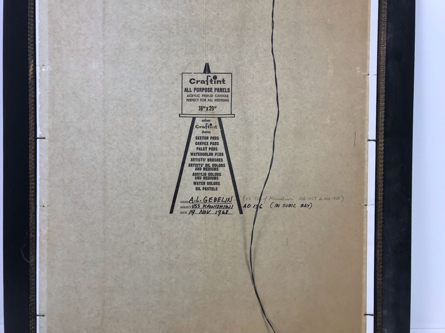 Framed Vintage 1968 Original Painting Of USS Kawishiwi AO 146 USN Oiler Ship By A.L. Gebelin Commanding Officer Of Kawishiwi From 1957-1958 16 X 20 (USN Captain Joseph J. Meyer Jr. Estate: USNE) [Photo 16]