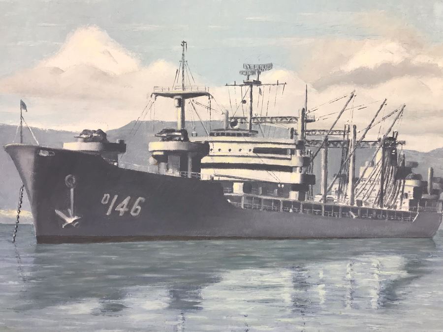 Framed Vintage 1968 Original Painting Of USS Kawishiwi AO 146 USN Oiler Ship By A.L. Gebelin Commanding Officer Of Kawishiwi From 1957-1958 16 X 20 (USN Captain Joseph J. Meyer Jr. Estate: USNE) [Photo 6]