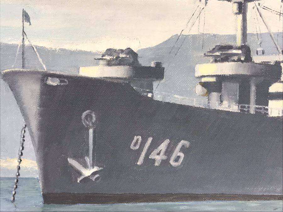 Framed Vintage 1968 Original Painting Of USS Kawishiwi AO 146 USN Oiler Ship By A.L. Gebelin Commanding Officer Of Kawishiwi From 1957-1958 16 X 20 (USN Captain Joseph J. Meyer Jr. Estate: USNE) [Photo 10]
