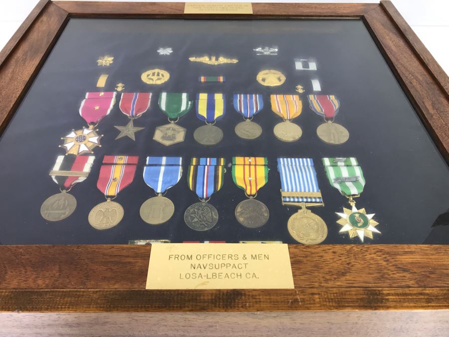 USN Captain Joseph J. Meyer Jr. USN Medals Presented For 32 Years Of Devoted Navy Service Displayed In Wooden Shadowbox Case With Sliding Glass Top 21 X 19 [Photo 4]