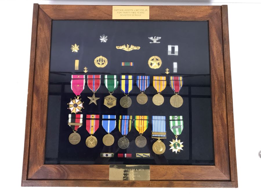 USN Captain Joseph J. Meyer Jr. USN Medals Presented For 32 Years Of Devoted Navy Service Displayed In Wooden Shadowbox Case With Sliding Glass Top 21 X 19 [Photo 3]