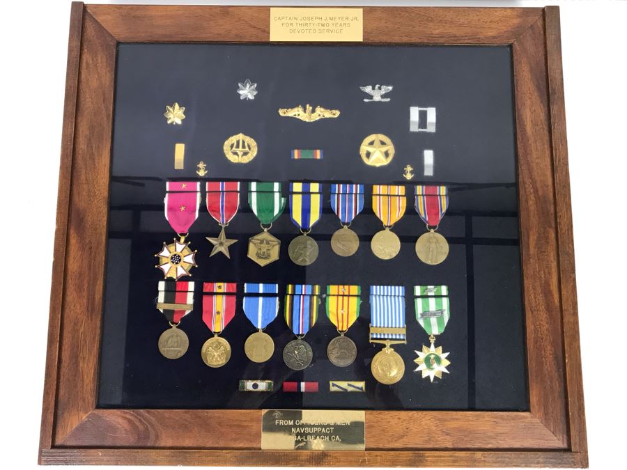 USN Captain Joseph J. Meyer Jr. USN Medals Presented For 32 Years Of Devoted Navy Service Displayed In Wooden Shadowbox Case With Sliding Glass Top 21 X 19