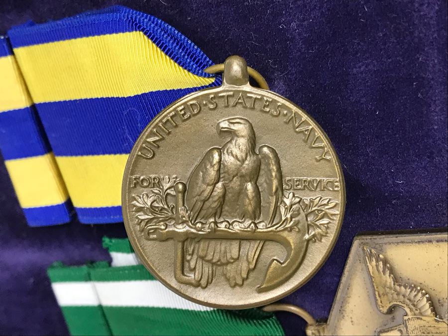 USN Captain Joseph J. Meyer Jr. USN Medals Presented For 32 Years Of Devoted Navy Service Displayed In Wooden Shadowbox Case With Sliding Glass Top 21 X 19 [Photo 21]