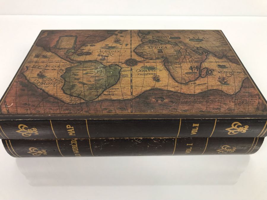 Vintage Wooden Old World Map Hinged Box For Men's Cufflinks Jewelry 11W X 7D X 2.5H (Jean Klafs Estate: JKE) [Photo 4]