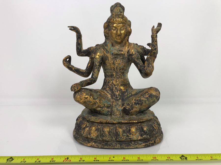 Vintage Gilded Metal Tibetan Vasudhara Buddha Statue Sculpture (Believe Base Metal Is Steel - Heavy) 8W X 6.5D X 12H (USNE) [Photo 2]