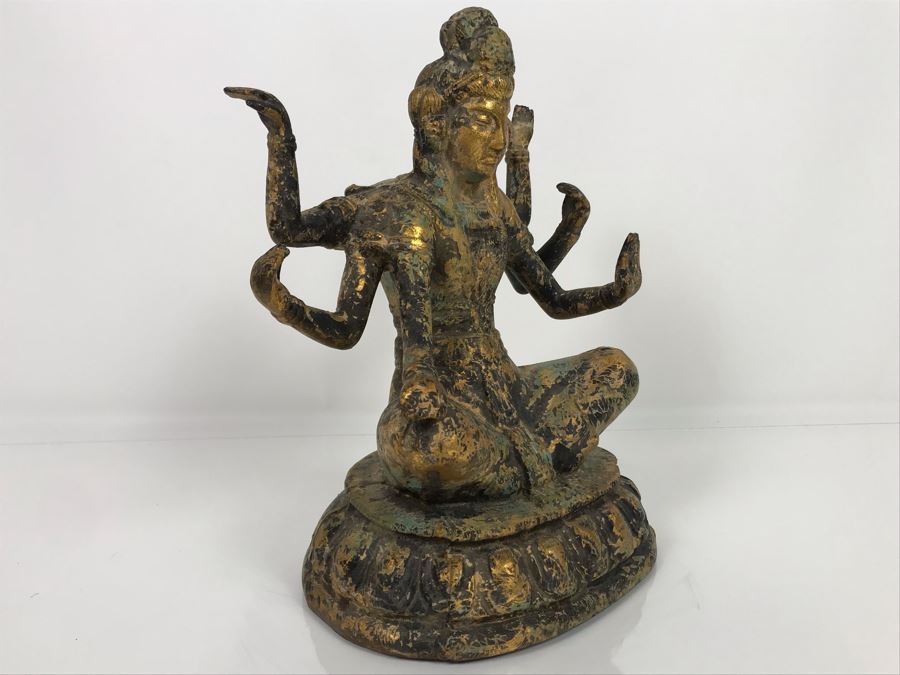 Vintage Gilded Metal Tibetan Vasudhara Buddha Statue Sculpture (Believe Base Metal Is Steel - Heavy) 8W X 6.5D X 12H (USNE) [Photo 12]