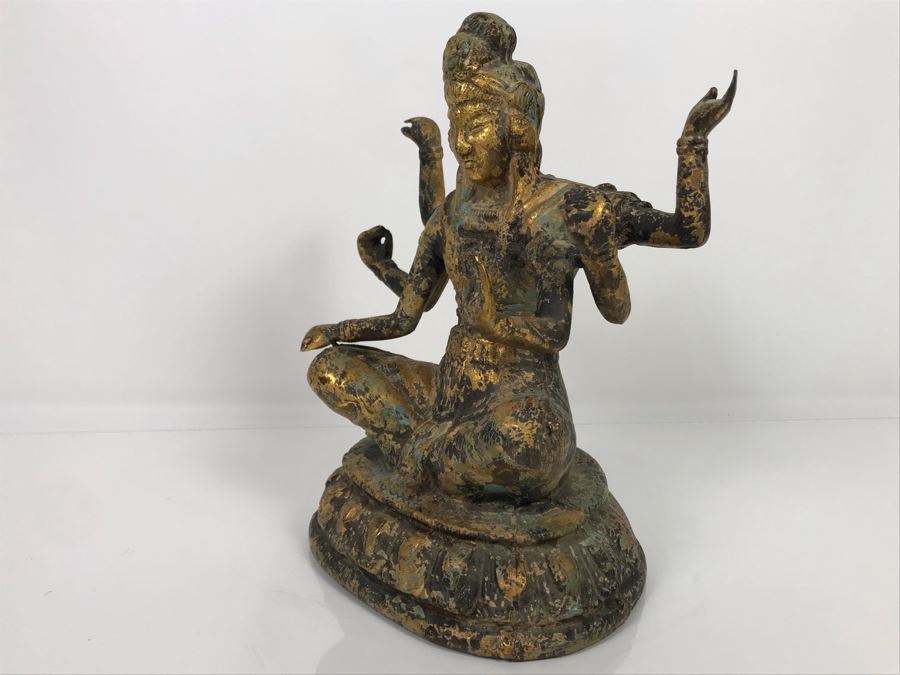 Vintage Gilded Metal Tibetan Vasudhara Buddha Statue Sculpture (Believe Base Metal Is Steel - Heavy) 8W X 6.5D X 12H (USNE) [Photo 22]