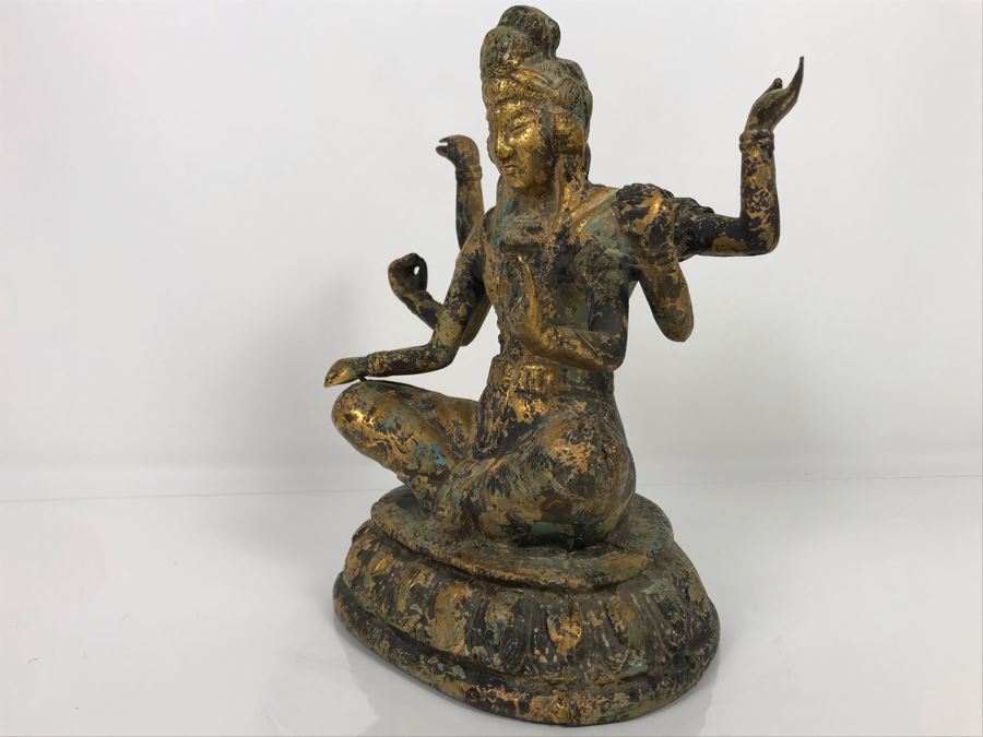 Vintage Gilded Metal Tibetan Vasudhara Buddha Statue Sculpture (Believe Base Metal Is Steel - Heavy) 8W X 6.5D X 12H (USNE) [Photo 21]