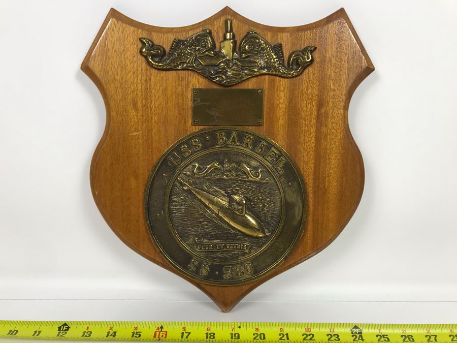 Brass USN Plaque Presented To CDR J. J. Meyer Jr., Commanding Officer Of Submarine U.S.S. Barbel (SS-580) 1960-1962 13 X 13