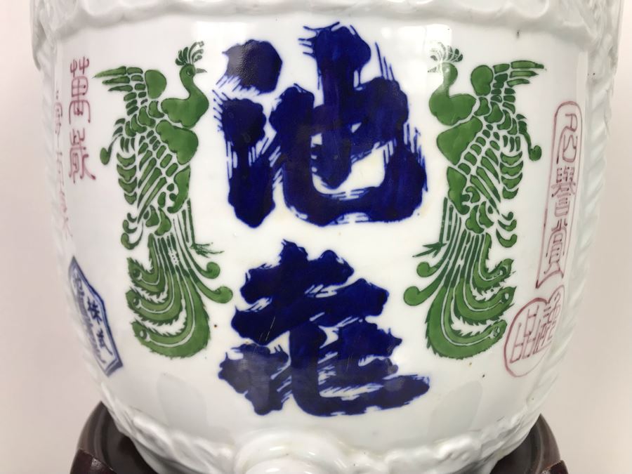 Rare Large Vintage Japanese Hand Painted Porcelain Sake Barrel Container Dispenser Jug 14W X 14H With Wooden Stand 11H X 13W (USNE) [Photo 6]