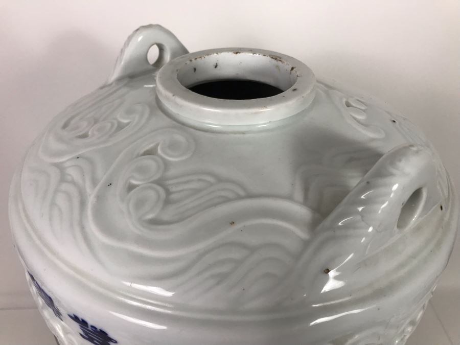 Rare Large Vintage Japanese Hand Painted Porcelain Sake Barrel Container Dispenser Jug 14W X 14H With Wooden Stand 11H X 13W (USNE) [Photo 15]