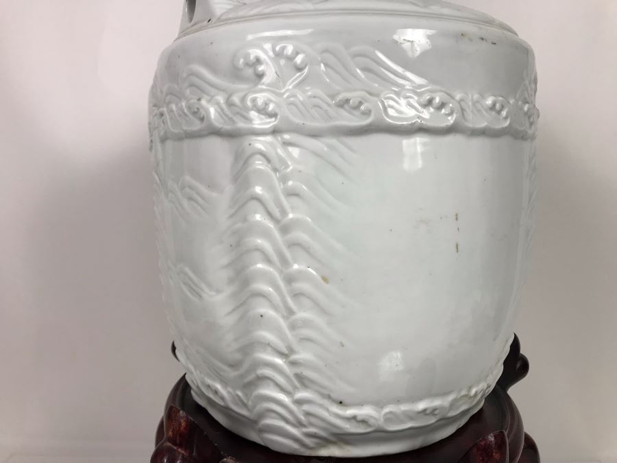 Rare Large Vintage Japanese Hand Painted Porcelain Sake Barrel Container Dispenser Jug 14W X 14H With Wooden Stand 11H X 13W (USNE) [Photo 20]