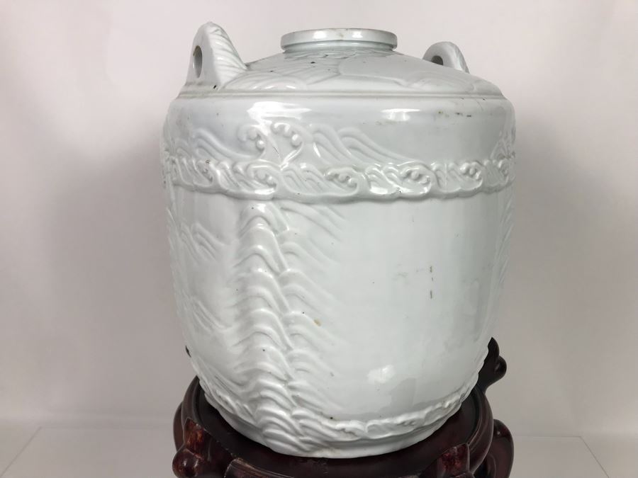 Rare Large Vintage Japanese Hand Painted Porcelain Sake Barrel Container Dispenser Jug 14W X 14H With Wooden Stand 11H X 13W (USNE) [Photo 19]