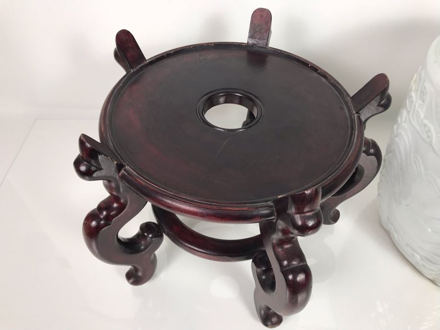 Rare Large Vintage Japanese Hand Painted Porcelain Sake Barrel Container Dispenser Jug 14W X 14H With Wooden Stand 11H X 13W (USNE) [Photo 26]