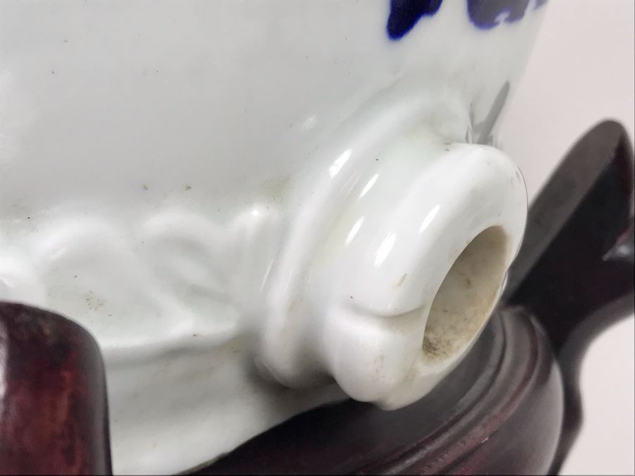 Rare Large Vintage Japanese Hand Painted Porcelain Sake Barrel Container Dispenser Jug 14W X 14H With Wooden Stand 11H X 13W (USNE) [Photo 24]