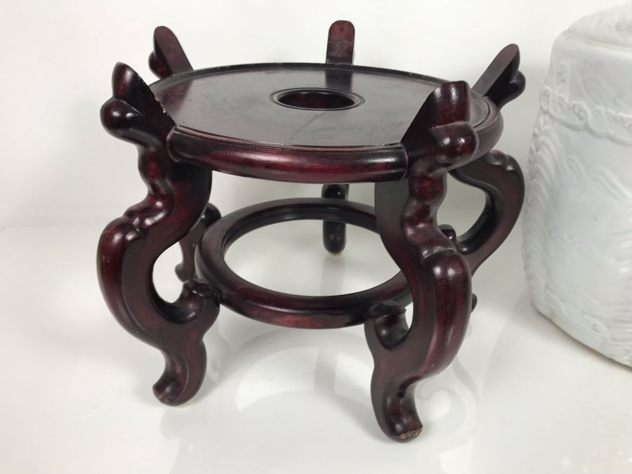 Rare Large Vintage Japanese Hand Painted Porcelain Sake Barrel Container Dispenser Jug 14W X 14H With Wooden Stand 11H X 13W (USNE) [Photo 27]