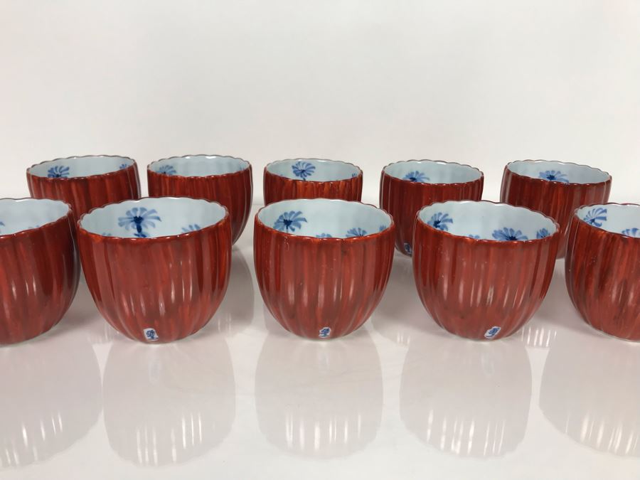 Set Of 10 Signed Hand Painted Porcelain Asian Cups 3.5W X 3H (USNE)